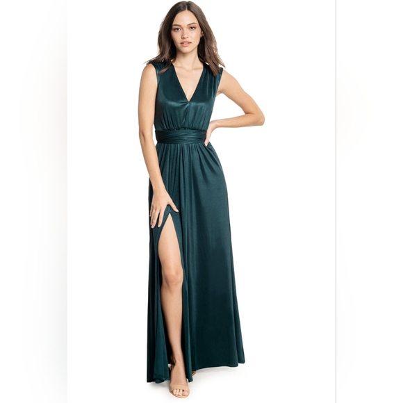 Dress the Population Dresses & Skirts - Nwt Dress The Population Krista plunge side slit tie waist maxi gown dress